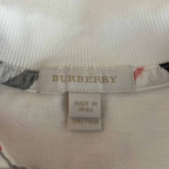 Burberry White Onesie with Classic Checkered Details. Size 9M.